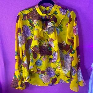 Belle Sky yellow floral flared long sleeve shirt with front ruffle detail